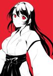  attsun_(atsushi_jb) bad_id bad_pixiv_id black_hair breasts hair_ornament hairclip houzuki_yuuno japanese_clothes kure-nai large_breasts long_hair miko monochrome red red_background red_eyes smile solo spot_color 