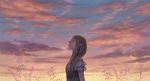  blush breasts brown_eyes brown_hair closed_mouth cloud from_side hiko_(scape) layered_sleeves long_hair looking_up original outdoors plant profile short_sleeves sky small_breasts smile solo star_(sky) twilight upper_body 