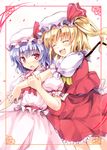  :d :o bat_wings blonde_hair closed_eyes fang flandre_scarlet frame happy hat hinooka_shuuji hug hug_from_behind lavender_hair multiple_girls open_mouth red_eyes remilia_scarlet shiny shiny_hair short_hair siblings side_ponytail sisters smile touhou wings 