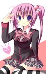  bad_id bad_pixiv_id blue_eyes bow kamioto_musu little_busters! long_hair pink_bow plaid plaid_skirt purple_hair saigusa_haruka side_ponytail skirt solo striped striped_legwear thighhighs 