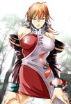  asymmetrical_clothes bare_shoulders bracelet breasts detached_sleeves dress earrings forest glasses jewelry kz_(na8c) large_breasts looking_at_viewer multicolored_hair nature orange_eyes orange_hair phantasy_star phantasy_star_online red_ring_rico solo thighs two-tone_hair 