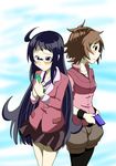  2girls ahoge black_(pokemon) black_hair blue_eyes blush brown_eyes brown_hair cheren_(pokemon) frown genderswap glasses long_hair multiple_girls pokemon pokemon_(game) pokemon_black_and_white pokemon_bw short_hair shorts skirt touya_(pokemon) valentine 