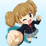  brown_eyes brown_hair foreshortening k-on! kono1 lowres one_eye_closed punching school_uniform short_hair short_twintails solo suzuki_jun twintails 