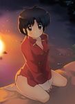  bare_legs barefoot between_thighs black_hair blush bottomless breasts brown_eyes campfire cleavage fire full_body mimi_(ranma3049) no_pants ranma_1/2 short_hair sitting sleeves_past_wrists small_breasts solo tendou_akane v_arms wariza 