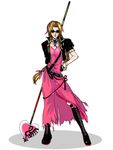  aerith_gainsborough belt boots bracelet brown_hair dress female final_fantasy final_fantasy_vii full_body gloves jacket jewelry long_hair pink_ribbon ponytail ribbon sipisuri solo staff sunglasses white_background 