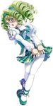  1girl angel_wings asia_(wild_arms) blue_eyes drill_hair full_body green_hair hairband long_sleeves looking_at_viewer official_art ooba_wakako open_mouth pantyhose scan shoes short_hair simple_background skirt solo stitches surprised symbol-shaped_pupils white_background white_legwear wild_arms wild_arms_4 wings 