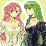  2girls bare_shoulders black_dress breasts bun c.c. cc choker cleavage code_geass double_bun dress euphemia_li_britannia female green_hair hair_bun long_hair lowres multiple_girls pink_hair princess purple_eyes serious smile wavy_hair white_dress yellow_eyes 