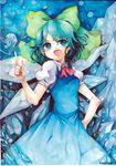  :d aqua_eyes aqua_hair blue_eyes blue_hair bow calligraphy_brush_(medium) cirno color_ink_(medium) crystal fairy_wings fang gradient_eyes green_eyes hair_bow hand_on_hip hands index_finger_raised mosho multicolored multicolored_eyes open_mouth pointing short_hair signature smile solo touhou traditional_media watercolor_(medium) wings 