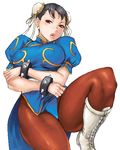  black_hair boots bracelet breasts bun_cover china_dress chinese_clothes chun-li cross-laced_footwear crossed_arms double_bun dress jewelry knee_boots large_breasts leg_up legs lips lowres matoyama pantyhose pelvic_curtain sash short_hair solo spiked_bracelet spikes street_fighter thick_thighs thighs 