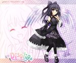  angel bare_shoulders black black_eyes black_legwear black_pantyhose boots bow breasts detached_sleeves disolia female french frills hair_bow hair_ribbon halftone_background long_hair original pantyhose partially_colored purple_hair rainbow ribbon skirt smile solo wallpaper wings winter yunare 