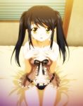  :d babydoll black_hair black_panties bokura_wa_piacere game_cg hands_on_own_chest lingerie moo_do_dan navel open_mouth panties see-through sitting smile solo takano_kotoko twintails underwear underwear_only yellow_eyes 