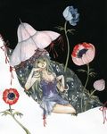  alternate_costume anemone_(flower) babydoll bad_id bad_pixiv_id blonde_hair bow breasts cleavage eyes flower gap hat hat_ribbon large_breasts long_hair parasol pinkxxxna ribbon see-through sitting solo strap_slip touhou traditional_media umbrella watercolor_(medium) yakumo_yukari 