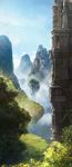  architecture bird castle column day fantasy floating_island fog forest highres landscape long_image mountain nature no_humans original parrot photorealistic pillar scenery sky sunlight tall_image temple tree 