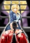  aya_brea black_panties blonde_hair blood cosoloya female green_eyes gun ibuki_rinji indoors jacket looking_down miniskirt panties pantyshot parasite_eve parasite_eve_ii shirt short_hair skirt sky solo thigh_strap underwear upskirt weapon white_shirt window 