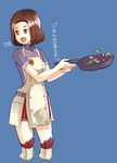  :d apron bad_id bad_pixiv_id blue_background brown_eyes brown_hair cooking cropped_legs final_fantasy final_fantasy_xi flipping_food food frying_pan hume nosuku open_mouth short_hair smile solo thighhighs translated 