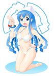  barefoot bikini blue_eyes blue_hair bracelet hat ikamusume jewelry kneeling long_hair momozono navel open_mouth sexually_suggestive shinryaku!_ikamusume shrimp solo string_bikini swimsuit tentacle_hair 