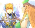  1girl armor blue_eyes breastplate crossover freya_(valkyrie_profile) freyr_(reginleiv) hairpods hat hpa_(foolish_factory) long_hair namesake orange_hair pointy_ears red_eyes short_hair sparkle sweatdrop translation_request valkyrie_profile zangeki_no_reginleiv 