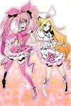  boots bow choker cure_melody cure_rhythm hair_bow houjou_hibiki knee_boots magical_girl minamino_kanade multiple_girls pink_bow precure sakebuotoko suite_precure thighhighs twintails white_choker 