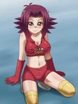  1girl akiza_izinski awa blush breasts brown_eyes cleavage erect_nipples izayoi_aki kneeling large_breasts midriff navel red_hair smile thighhighs yu-gi-oh! yugioh_5d&#039;s yuu-gi-ou_5d's zettai_ryouiki 