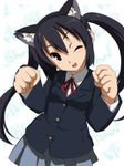  animal_ears black_hair brown_eyes cat_ears k-on! kemonomimi_mode long_hair nakano_azusa neck_ribbon one_eye_closed red_ribbon ribbon school_uniform solo twintails yamano_sachi 