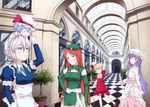  adapted_costume age_regression alternate_hairstyle arch architecture ayasaka bad_id bad_pixiv_id blonde_hair blue_eyes checkered checkered_floor dress flandre_scarlet hair_up hat hong_meiling izayoi_sakuya looking_at_viewer maid maid_headdress mini_hat mini_top_hat multiple_girls on_head patchouli_knowledge person_on_head purple_eyes purple_hair red_hair remilia_scarlet silver_hair tile_floor tiles top_hat touhou waving younger 