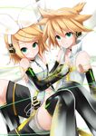  1girl absurdres aqua_eyes arm_warmers bare_shoulders black_legwear blonde_hair brother_and_sister detached_sleeves hair_ornament hair_ribbon hairclip headphones highres hug kagamine_len kagamine_len_(append) kagamine_rin kagamine_rin_(append) leg_warmers navel popped_collar ribbon short_hair shorts shuuichi_(gothics) siblings sitting smile thighhighs twins twintails vocaloid vocaloid_append 