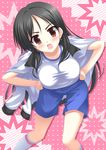  black_hair blush fukiyose_seiri gym_uniform hinata_keiichi jacket kneehighs long_hair open_mouth red_eyes shirt shorts solo sportswear taut_clothes taut_shirt to_aru_majutsu_no_index track_jacket white_legwear 