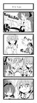  4koma blush bow brand_name_imitation candy comic failure fang food greyscale hair_bow hair_ornament hairclip highres imagining lollipop long_hair mahou_shoujo_madoka_magica miki_sayaka monochrome multiple_girls ponytail sakura_kyouko shigurio short_hair shorts translated 