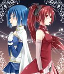  asagi_(seal47) blue_eyes blue_hair cape gloves magical_girl mahou_shoujo_madoka_magica miki_sayaka multiple_girls ponytail red_eyes red_hair sakura_kyouko 