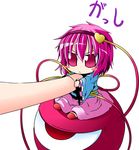  :&lt; blue_dress blush blush_stickers chibi dress eyeball grabbing ichimi komeiji_satori minigirl pink_eyes pink_hair purple_eyes purple_hair short_hair solo third_eye touhou 