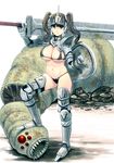  armor bad_id bad_pixiv_id bikini_armor blade breasts brown_hair cleavage green_eyes helmet large_breasts light_smile masao monster navel original severed_head shield skindentation solo standing stepped_on sword twintails weapon worms 