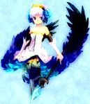  aqua_background armor armored_dress blue_eyes crown dress feathers gwendolyn koma_tori no_choker odin_sphere polearm silver_hair spear strapless strapless_dress thighhighs weapon wings 