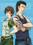  arms_behind arms_behind_back belt billy_coen black_hair body_armor brown_eyes brown_hair choker crossed_arms female green_eyes jewelry male necklace one_eye_closed open_mouth pants police police_uniform r-541-e rebecca_chambers resident_evil resident_evil_0 short_hair suwa_(pixiv602044) tattoo uniform wink 