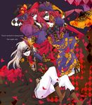  bad_id bad_pixiv_id boots breasts checkered cleavage corset cravat devola dress epaulettes fan frills gown hat mask medium_breasts multiple_girls nier nier_(series) nier_(young) petals popola red_hair shio_(babbi13) siblings silver_hair sisters twins 