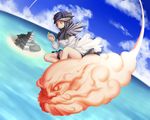  1girl ao_usagi architecture brown_eyes cloud day dragon_ball dragon_ball_z dragon_radar east_asian_architecture flying flying_nimbus grey_hair hood kumoi_ichirin outdoors parody sitting sky touhou tree unzan water whorled_clouds 