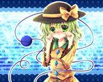  black_hat blue_background blush bow buttons collarbone diamond_shaped_buttons eyeball eyebrows eyelashes frilled_shirt_collar frilled_sleeves frills frown green_collar green_eyes green_hair hat hat_bow komeiji_koishi long_sleeves momomiya_mion sad shirt short_hair solo striped striped_background tears third_eye touhou wiping_tears yellow_bow yellow_shirt 