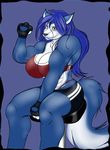  abs anthro biceps big_breasts blue blue_fur blue_hair breasts canine cryptozoo female flex flexing fur hair hopey long_hair mammal muscles muscular_female pose solo tail wolf 