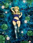  armpits barefoot blonde_hair closed_eyes enmatime highres knee_up lily_pad lying midriff moriya_suwako on_back partially_submerged ribbon single_thighhigh solo thighhighs touhou water wet wet_clothes white_legwear 
