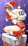  belt boots breasts chimney covered_nipples glasses gloves hat highres katayama_makoto looking_back merry_christmas midriff sack santa_costume santa_hat shorts small_breasts solo tamiya_incorporated 