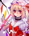  ascot bad_id bad_pixiv_id blonde_hair collar flandre_scarlet goose_h hat hat_ribbon red_eyes ribbon side_ponytail solo touhou wings wrist_cuffs 
