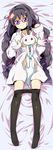  :3 akemi_homura bed black_hair braid dakimakura dress_shirt glasses hairband highres kyubey long_hair lying mahou_shoujo_madoka_magica on_back open_clothes open_shirt pantyhose pantyhose_pull purple_eyes red-framed_eyewear red_eyes shirt sleeves_past_wrists spoilers sw twin_braids 