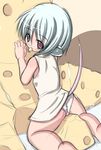  animal_ears blush cheese dress dress_lift food gray_hair grey_hair kourourin looking_at_viewer looking_back minigirl mouse_ears mouse_girl mouse_tail panties tail underwear 