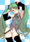  aqua_hair arm_up armpits bad_id bad_pixiv_id bespectacled black_legwear checkered checkered_background cowboy_shot detached_sleeves glasses green_eyes grin hatsune_miku long_hair masao necktie no_pants panties skindentation smile solo spring_onion thighhighs twintails underwear very_long_hair vocaloid 