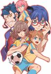  4boys bad_id bad_pixiv_id ball blue_eyes blue_hair brown_eyes brown_hair face glasses grin hands inazuma_eleven_(series) inazuma_eleven_go kirino_ranmaru lizzydom matsukaze_tenma multiple_boys otonashi_haruna pink_hair shindou_takuto short_hair smile soccer_ball soccer_uniform sportswear telstar tsurugi_kyousuke yellow_eyes 