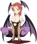  animal_print bare_shoulders bat_print bat_wings blush breasts bridal_gauntlets brown_eyes brown_hair cleavage cosplay face full_body hands_on_feet head_wings heart high_heels leotard medium_breasts minna-dietlinde_wilcke morrigan_aensland morrigan_aensland_(cosplay) pantyhose print_legwear purple_wings seiyuu_connection shoes simple_background smile solo spread_legs squatting strike_witches tanaka_rie umanosuke vampire_(game) wings world_witches_series 