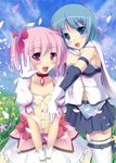  bad_id bad_pixiv_id blue_eyes blue_hair bubble_skirt cape dress gloves hair_ribbon highres kaname_madoka magical_girl mahou_shoujo_madoka_magica miki_sayaka multiple_girls pink_eyes pink_hair ribbon runa7 skirt thighhighs white_legwear 