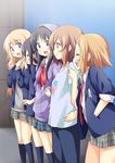  akiyama_mio black_hair blazer blonde_hair blue_eyes brown_eyes brown_hair closed_eyes dekosuke hirasawa_yui hood hoodie jacket k-on! kotobuki_tsumugi laughing listen!! long_hair multiple_girls nakano_azusa no_thank_you! odd_one_out open_clothes open_jacket plaid plaid_skirt school_uniform short_hair skirt sleeves_rolled_up sweater tainaka_ritsu twintails wrong_uniform 