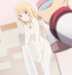  blonde blonde_hair breasts censorship charlotte_dunois covering covering_breasts infinite_stratos jewelry long_hair naked necklace nude nude_cover purple_eyes shower steam stitch stitched 