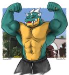  claws dragon fangs grin horns looking_at_viewer male muscles presenting reptile scalie solo standing timberwolfmax yellow_eyes 