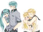  2girls aqua_eyes bad_id bad_pixiv_id bare_shoulders blonde_hair blue_hair blush closed_eyes cowboy_shot dual_persona genderswap genderswap_(ftm) genderswap_(mtf) grin hair_ornament hairclip hands_in_pockets hatsune_miku hatsune_mikuo hug hug_from_behind kagamine_lenka kagamine_rinto maruki_(punchiki) multiple_boys multiple_girls sailor_collar school_uniform serafuku shirt simple_background sleeveless sleeveless_shirt smile vocaloid white_background white_shirt 